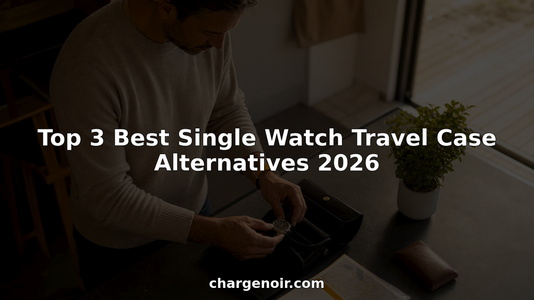 Man packing wristwatch into travel case indoors