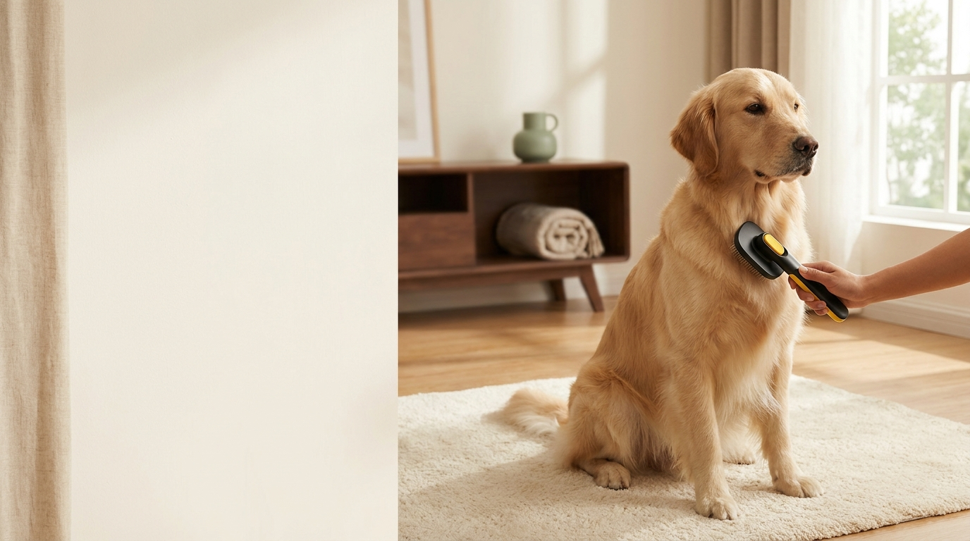 Golden retriever being groomed with the Furlux self-cleaning comb